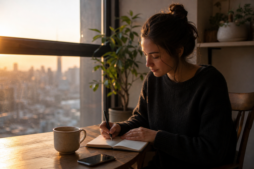 Person journaling by a bright window with a notebook, pen, and tea in a calm morning setting.
