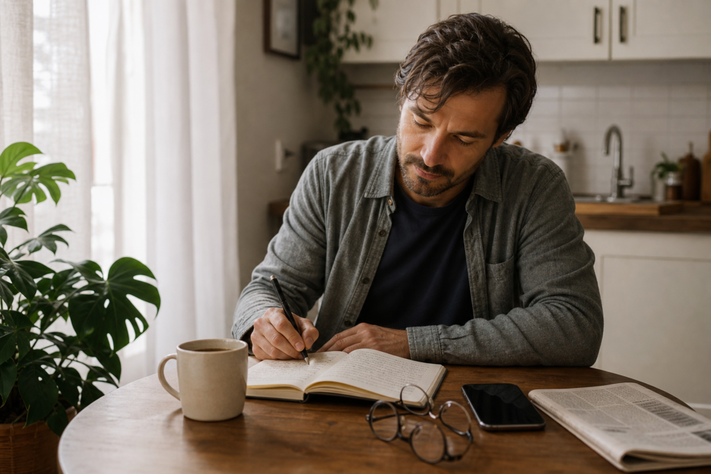 A calm morning moment: person journaling with coffee and sunlight on a kitchen table.