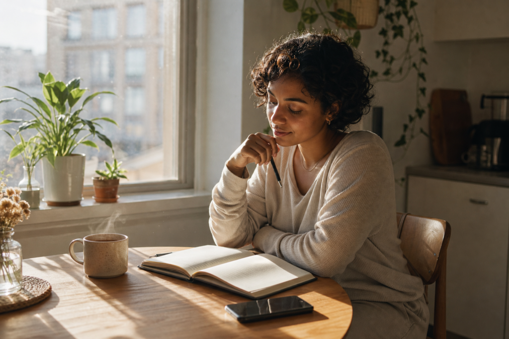 A person pauses with a pen over an open journal at a sunlit kitchen table with a warm drink.
