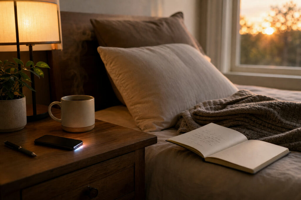 A quiet evening bedside scene with a journal, tea, and phone ready for a calming reflection practice.