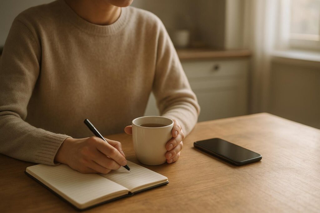 Person building a calm mood journal habit at a quiet table