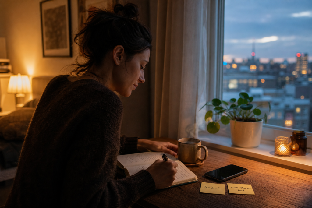 A person journaling by a window at night with a mug of tea and soft lamplight, capturing a calm daily reflection moment.