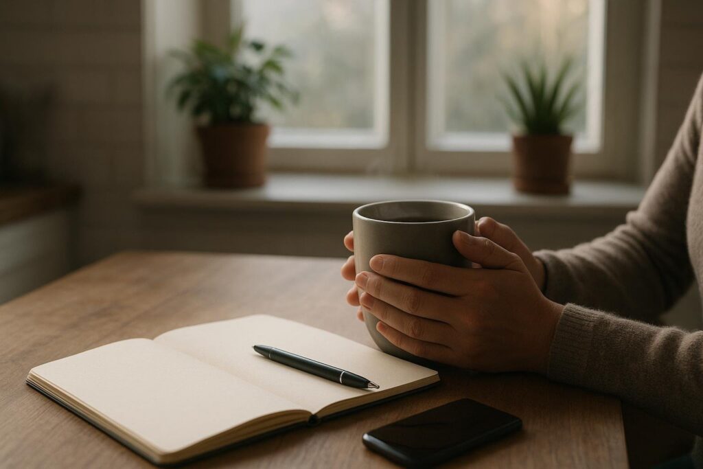 A calm morning journaling setup with a notebook, mug, and soft natural light