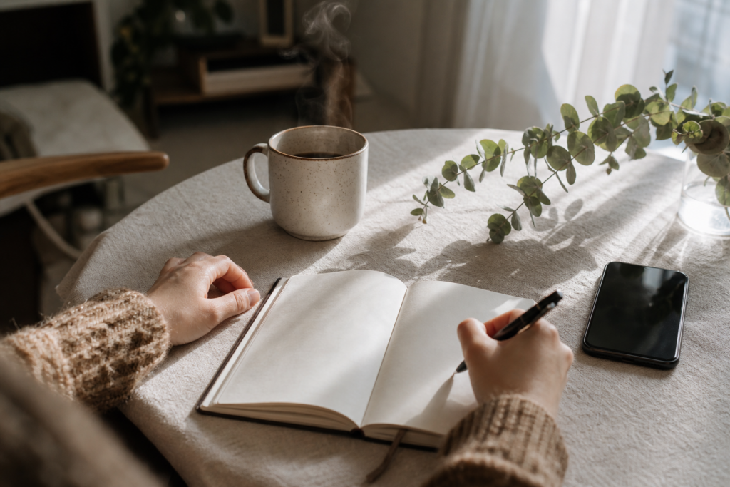Morning journaling ritual with coffee, open notebook, and phone on a sunlit table.